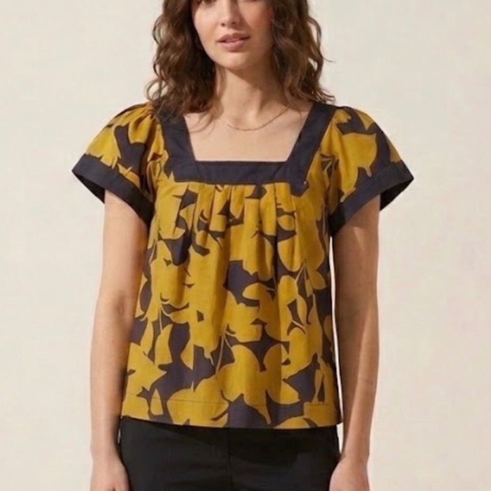 French Connection Mustard Yellow Navy Floral Square Neck Cotton Blouse 6